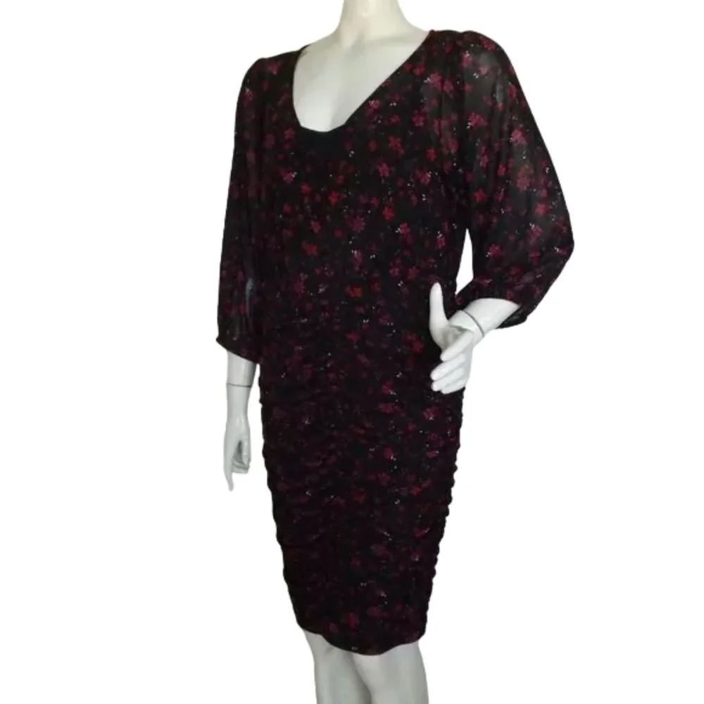 new TORRID Dress, 0/L, Black, Red/Purple Floral, Ruched Skirt, Scoop neck, Meshy - Picture 4 of 16